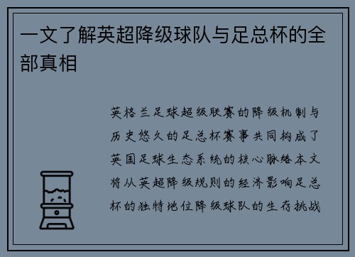 一文了解英超降级球队与足总杯的全部真相