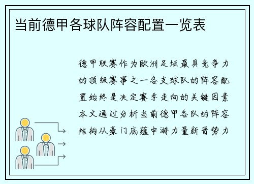 当前德甲各球队阵容配置一览表