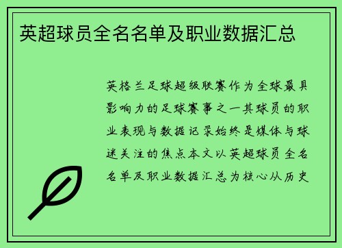 英超球员全名名单及职业数据汇总